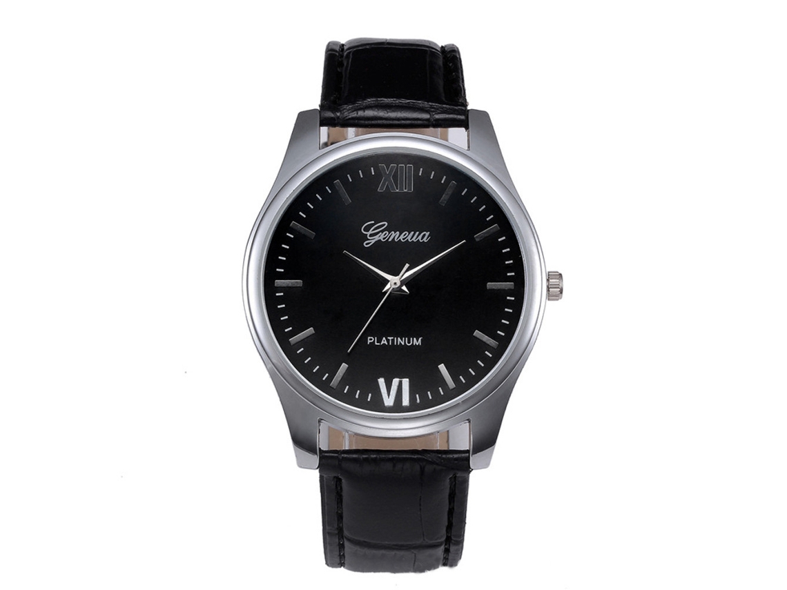Relógio de pulso casual e elegante com numerais romanos e pulseira de couro PU (preto)
