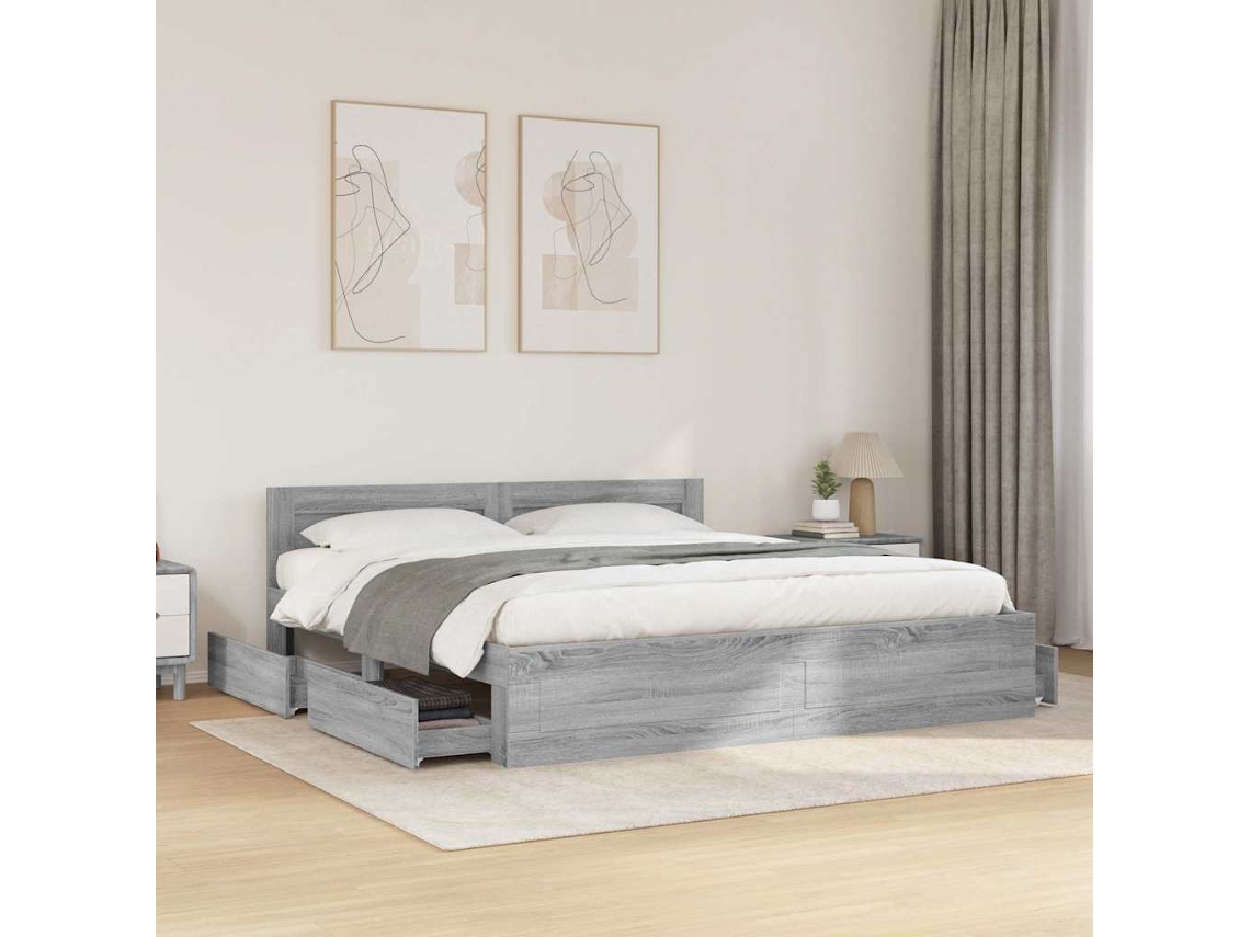 Vidaxl Estrutura De Cama C/ Cabeceira Derivados Madeira Cinza Sonoma