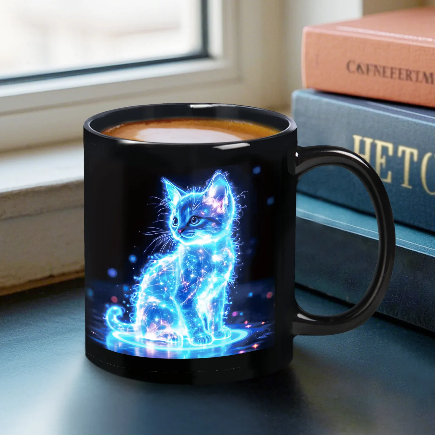 Caneca de Cerâmica 3d com Estampa de Gato Fofo MDUG (preta, 330ml)