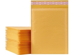 Envelopes acolchoados de papel kraft amarelo com fecho autoadesivo, vários tamanhos, pacote com 10 unidades.