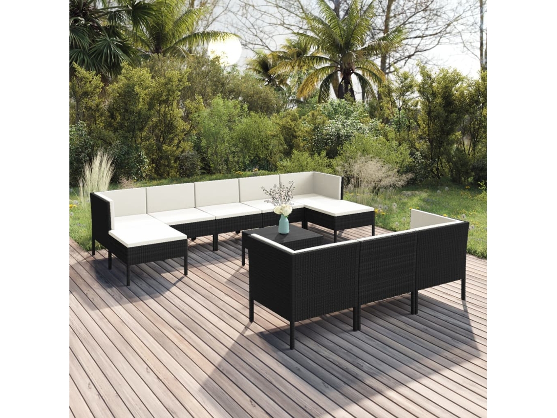 Conjunto Lounge Jardim 11 Peças C/ Almofadões Vime Pe Preto Dkd Home Decor