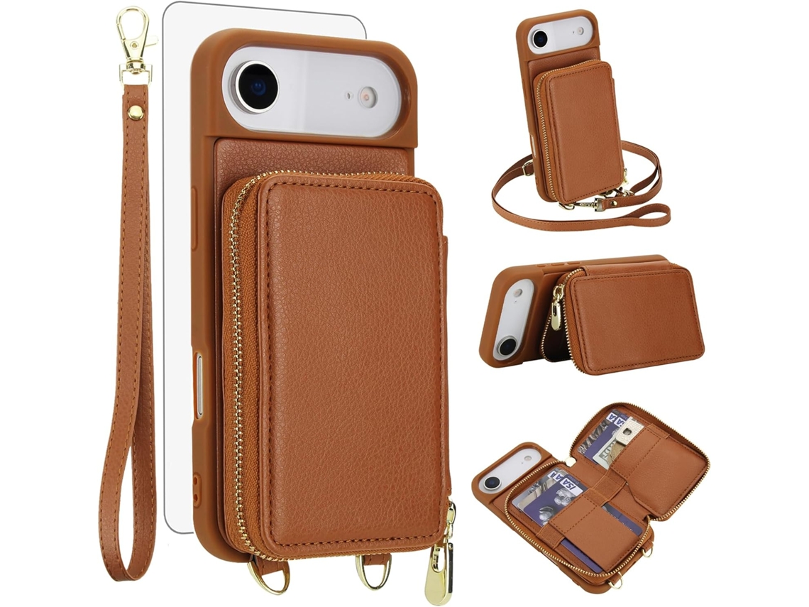 Capa Carteira Para Celular Em Couro Pu+tpu Com Protetor De Tela Para Iphone 17 Air (6,5 Polegadas) - Marrom