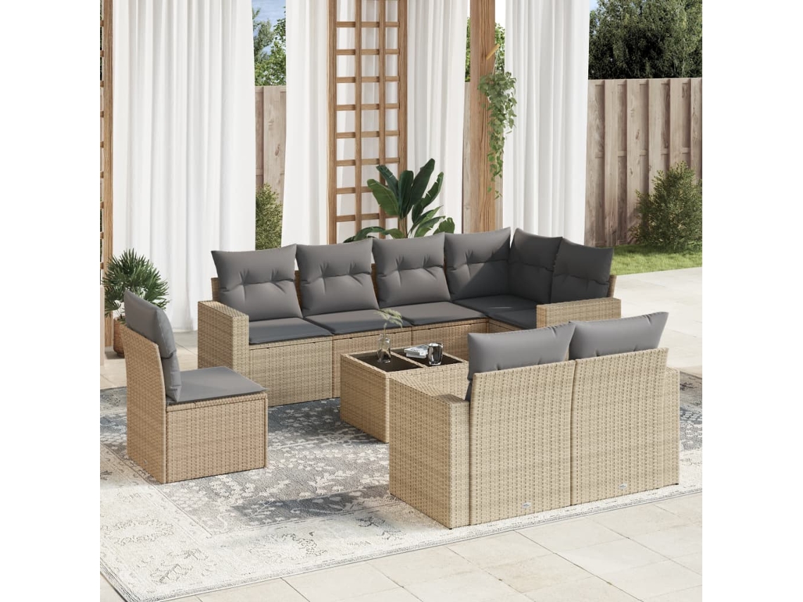 Vidaxl 9 Pcs Conjunto De Sofás P/ Jardim Com Almofadões Vime Pe Bege
