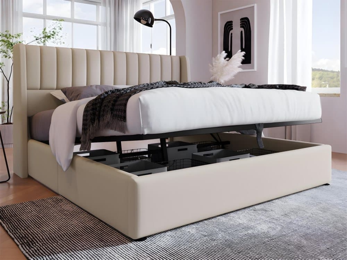 Cama Contentora Estofada Em Linho 140x200 Cm Com Estrado De Ripas - Bege