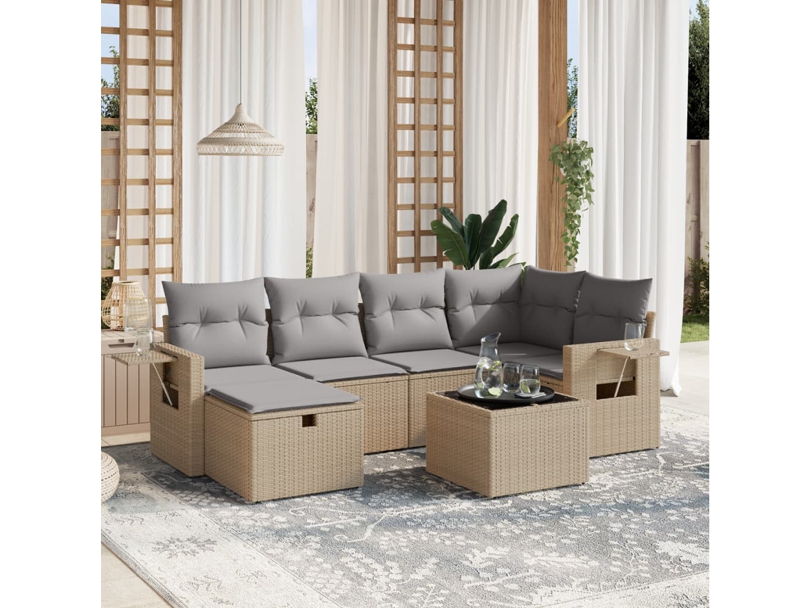 Vidaxl 7 Pcs Conj. Sofás Jardim C/ Almofadões Vime Pe Bege Misturado