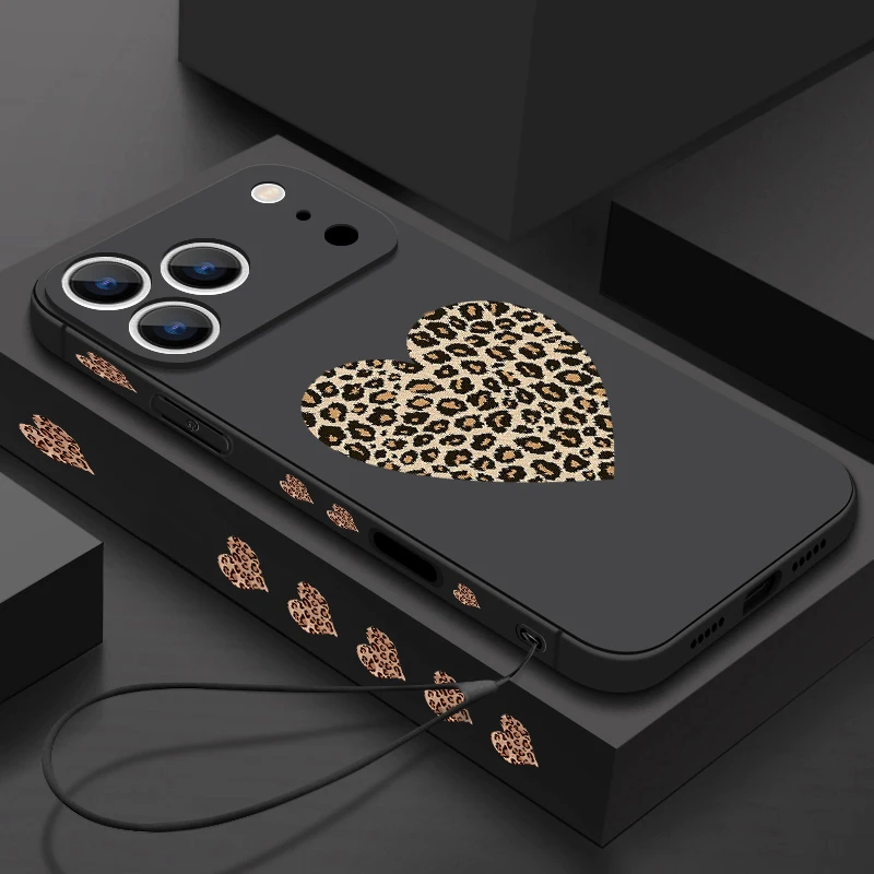 Capa Magnética Para Iphone 12 Com Cordão Preto E Estampa De Leopardo Em Formato De Coração, Feita De Tpu.