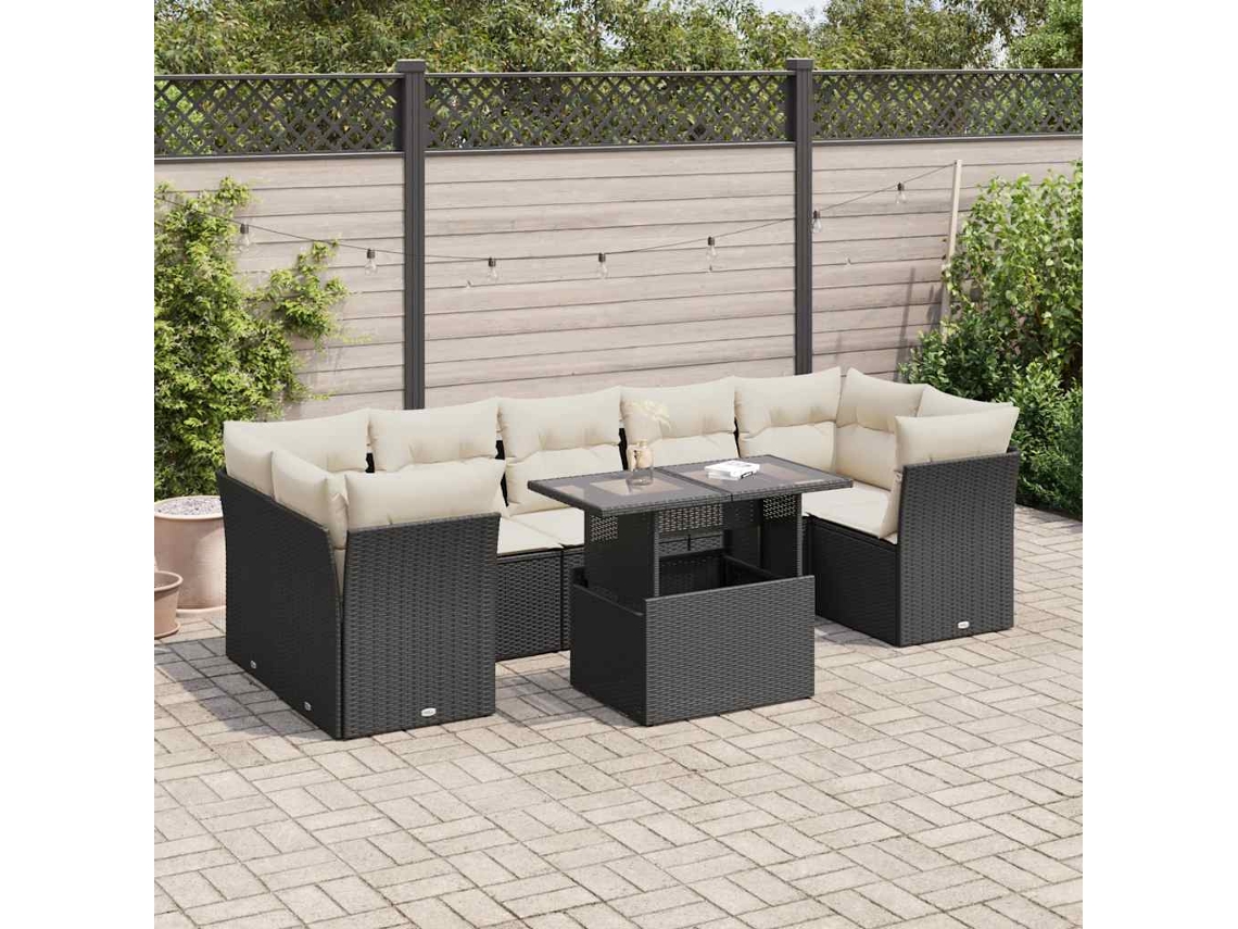 Vidaxl 8 Pcs Conjunto Sofás De Jardim Com Almofadões Vime Pe Preto
