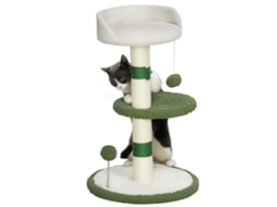Árvore para Gatos com Cama, 2 Tigelas, Plataforma e Poste de Sisal, Cama para Gatos com Revestimento em Chenille e Pele Sintética, Verde e Branco
