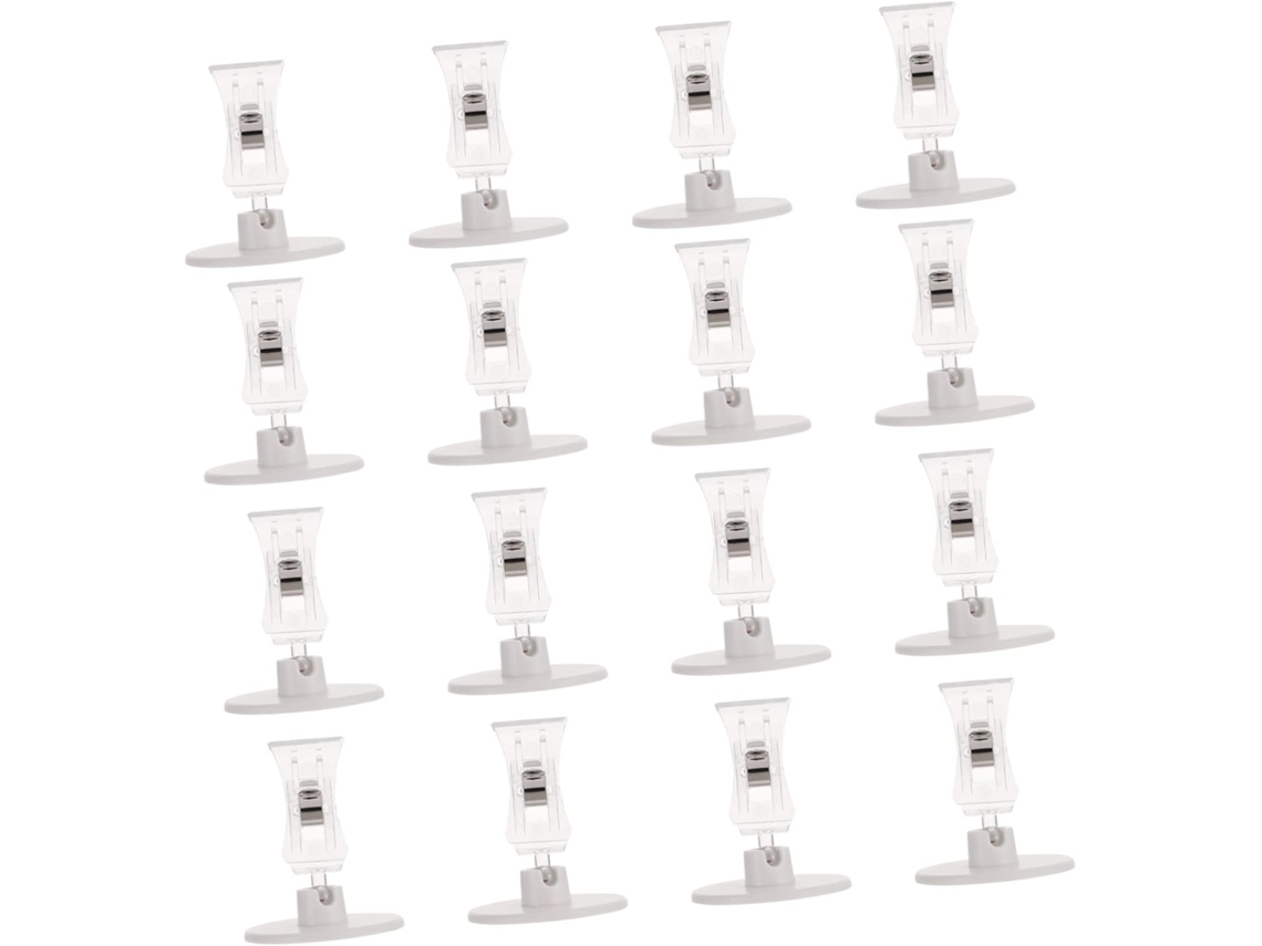 Conjunto Tofficu com 48 clipes de plástico para etiquetas, sinalização e cartões, com base transparente.