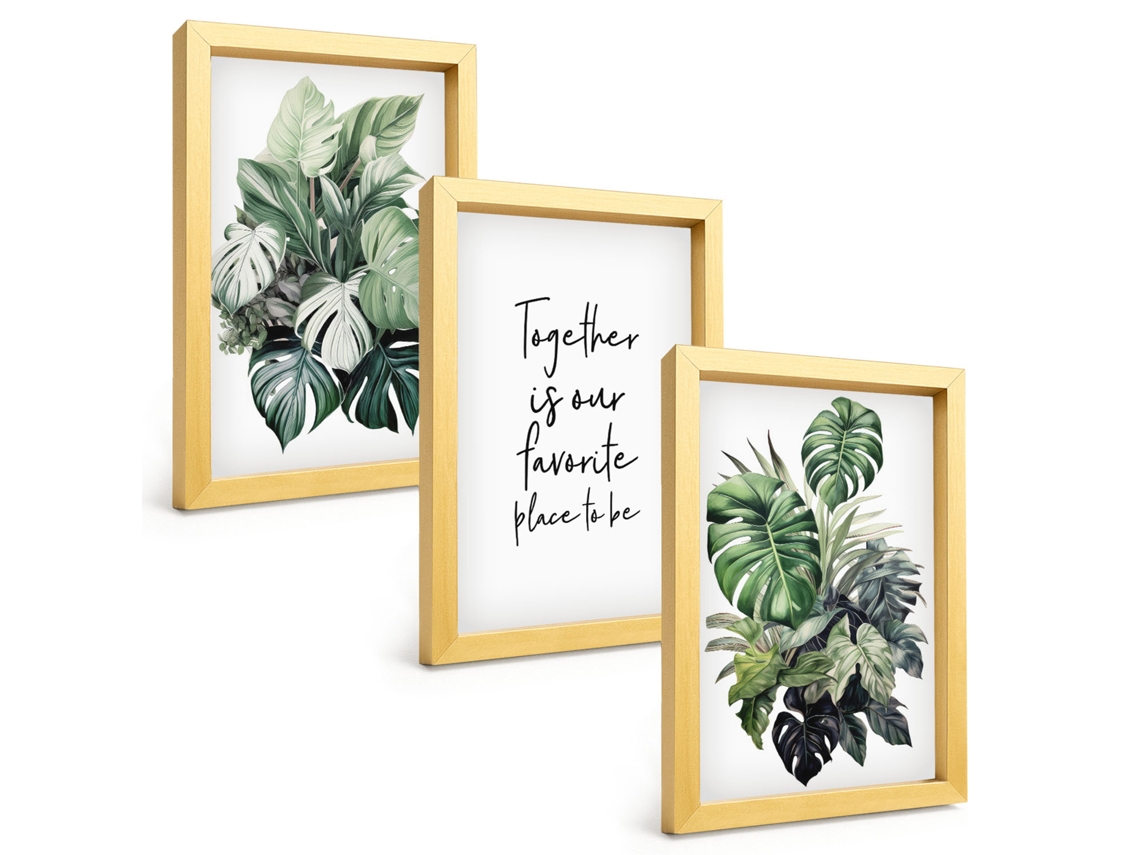 Composição De Quadrosfolhas Verdes Plantas Tropicais Moldura Dourada Imagens Para Um Quarto Infantil Espelharte (3 Peças 20x30 Cm)