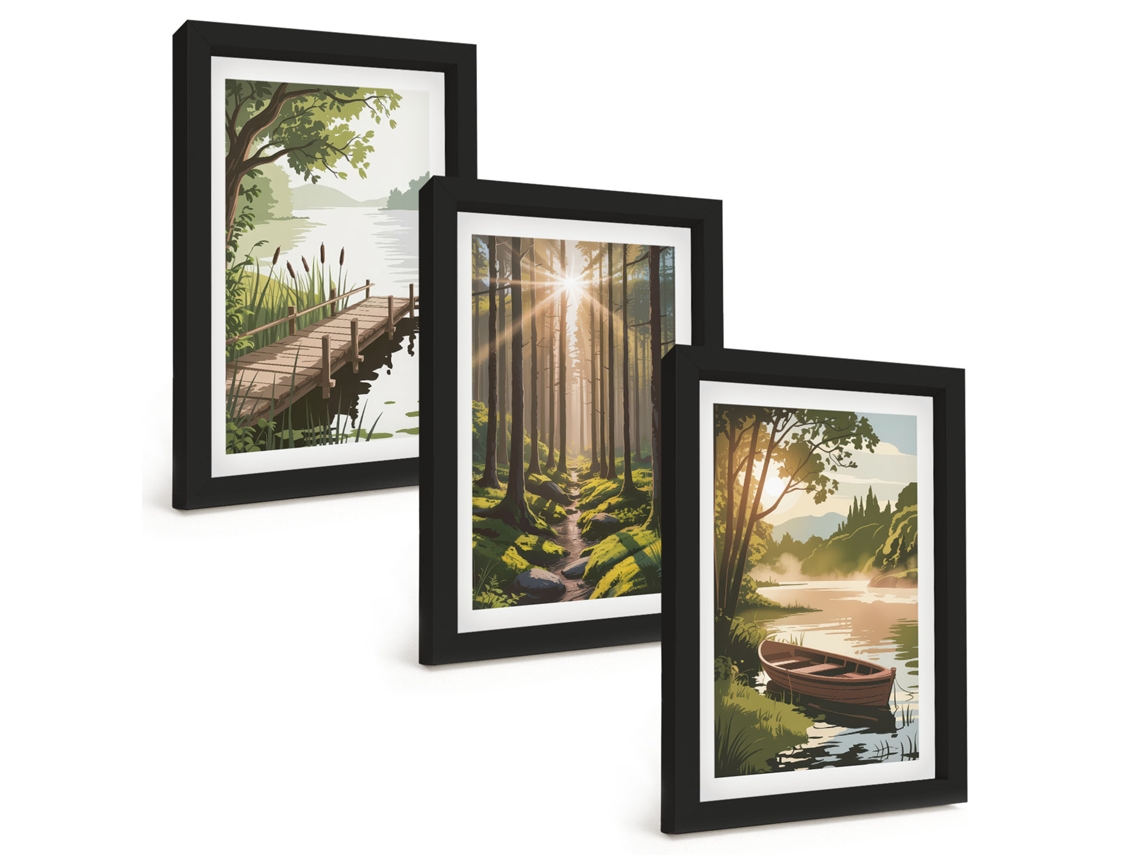 Composição De Quadrospaisagem, Floresta, Lago, Barco Moldura Preta Imagens Para Um Quarto Infantil Espelharte (3 Peças 20x30 Cm)