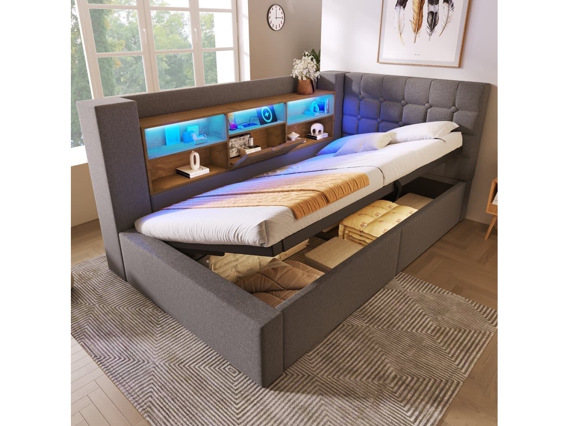Cama Individual Estofada 90x190 - Led, Armazenamento Hidráulico, Cabeceira L, Montável Em Ambos Os Lados - Cinza