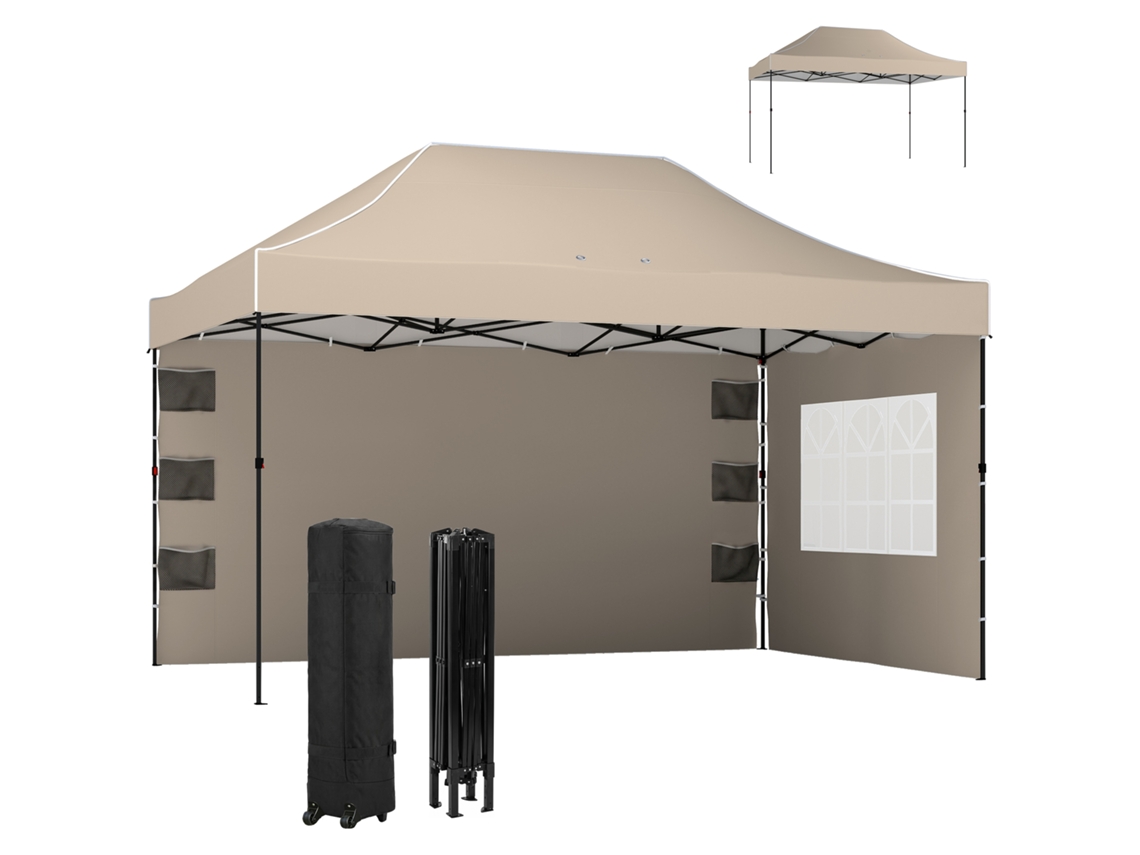 Gazebo Pop-up Com Paredes Laterais E Janelas. 2,9x4,3 M Em Metal E Tecido Oxford. Sand Brown