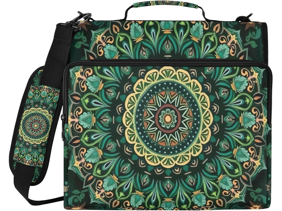 Organizador de Arquivos com 3 Argolas, Estampa Mandala Verde Floresta, Confeccionado em Tecido Resistente à Água, Ideal