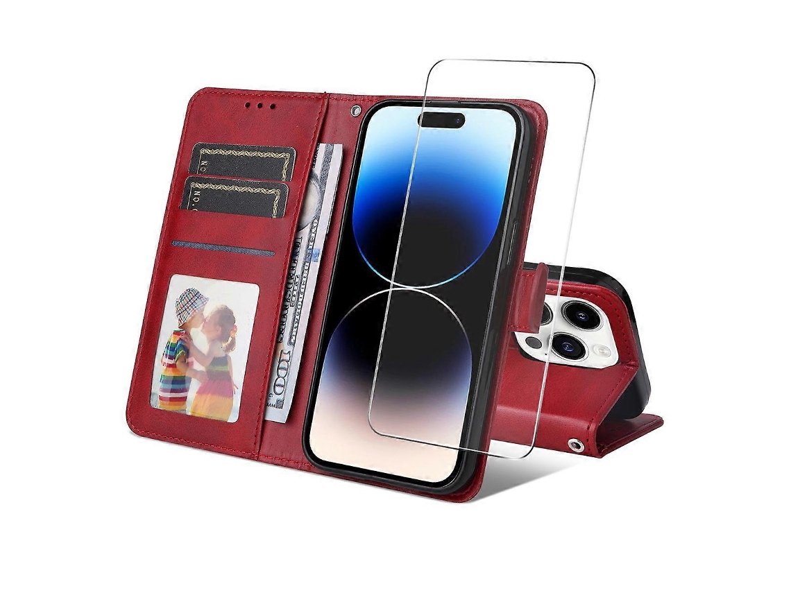 Capa Tipo Carteira De Couro Sintético Tkdaddy Para Iphone 15 Pro Max, Enkay Hat Prince, Capa Com Suporte Para Celular E Vidro Temperado, Vermelha