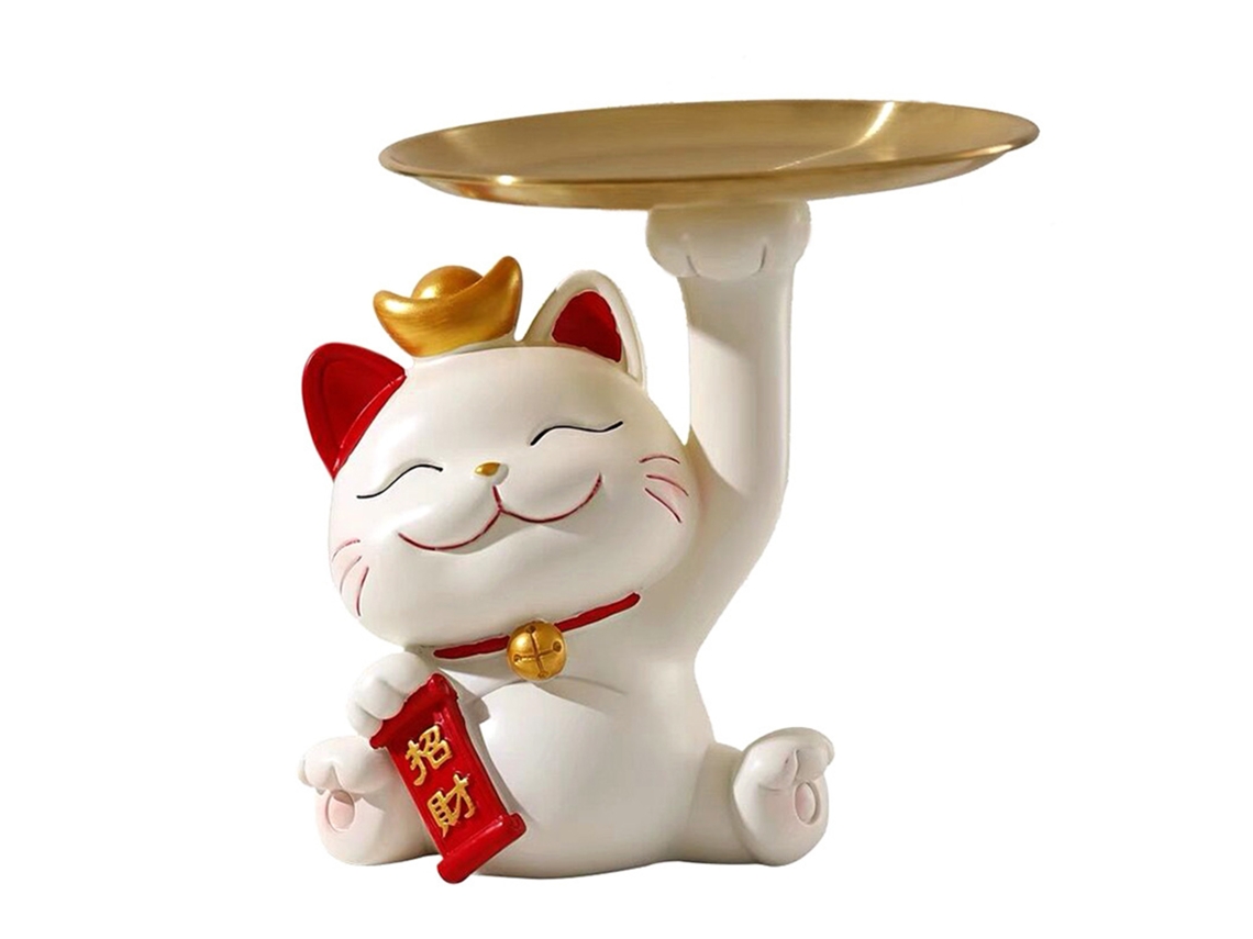Prato de Armazenamento Gato da Sorte Decorativo de Resina