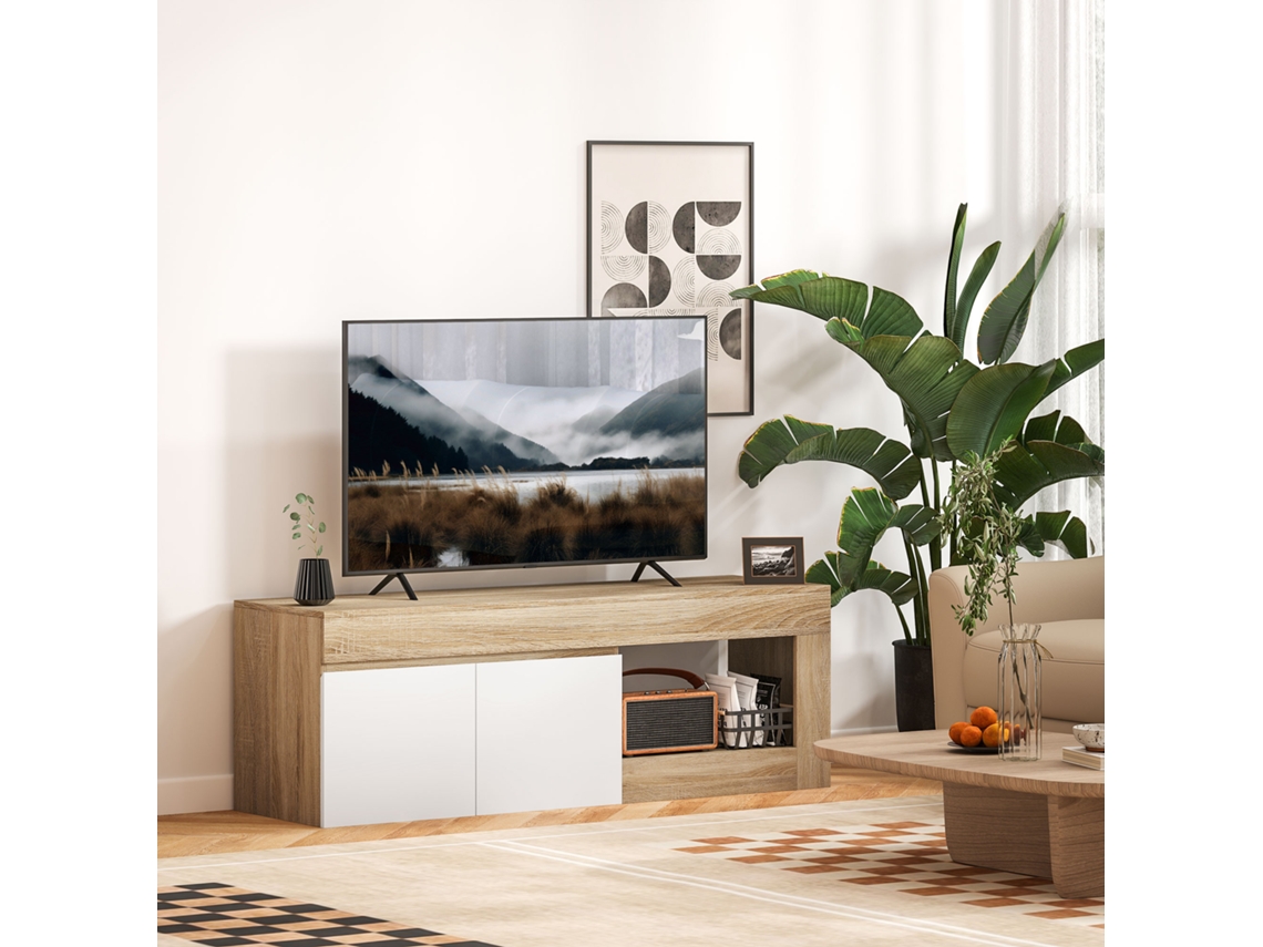 Móvel moderno para TV de até 60 polegadas com armário de duas portas e prateleira aberta, 140x40x48 cm, nas cores branca e madeira.