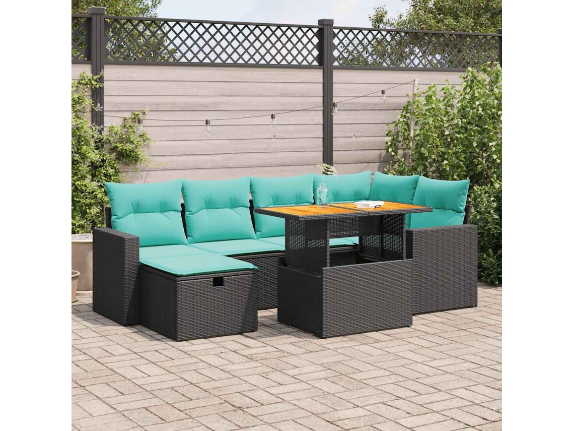 Vidaxl 7 Pcs Conj. Sofás Jardim C/ Almofadões Vime Pe/acácia Castanho