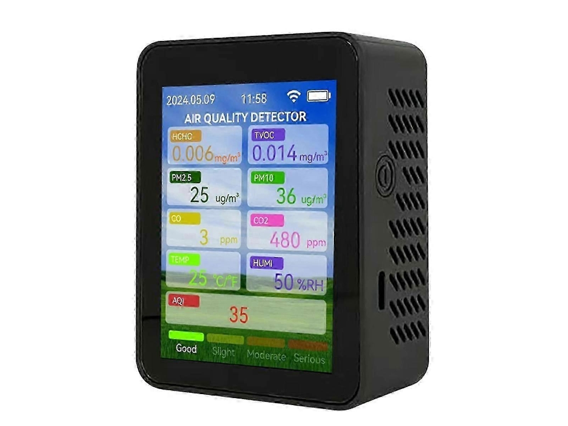 Lurelia Medidor De Qualidade Do Ar Pm2,5/pm10/hcho/tvoc/co2, Temperatura/humidade, Tuya Wifi, Com Visor Digital, Bateria 1200 Mah Usb, Preto