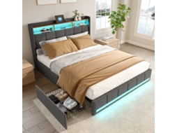 Cama de Casal 160x200 Cm com Espaço Armazenamento, Design Flutuante, Led, Bege, SIMURQ