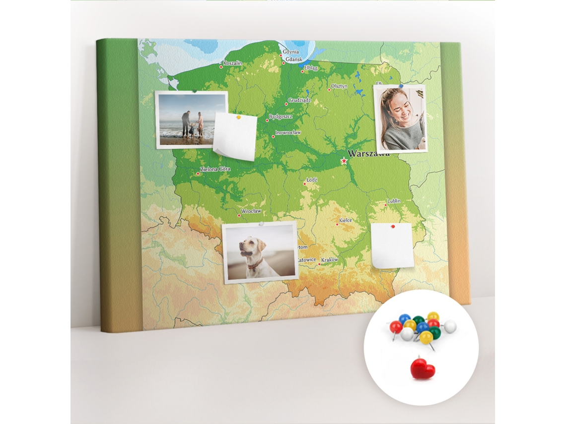 Quadro De Cortiça Com Impressão Mapa Físico Da Polónia Para O Quarto Das Crianças Espelharte (70x100 Cm)
