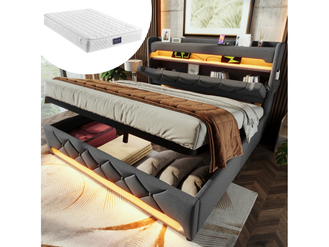 Cama Casal, em tecido, com amplo espaço de armazenamento, robusta, durável, design prático, fácil de montar, qualidade superior. Colchão não incluído.