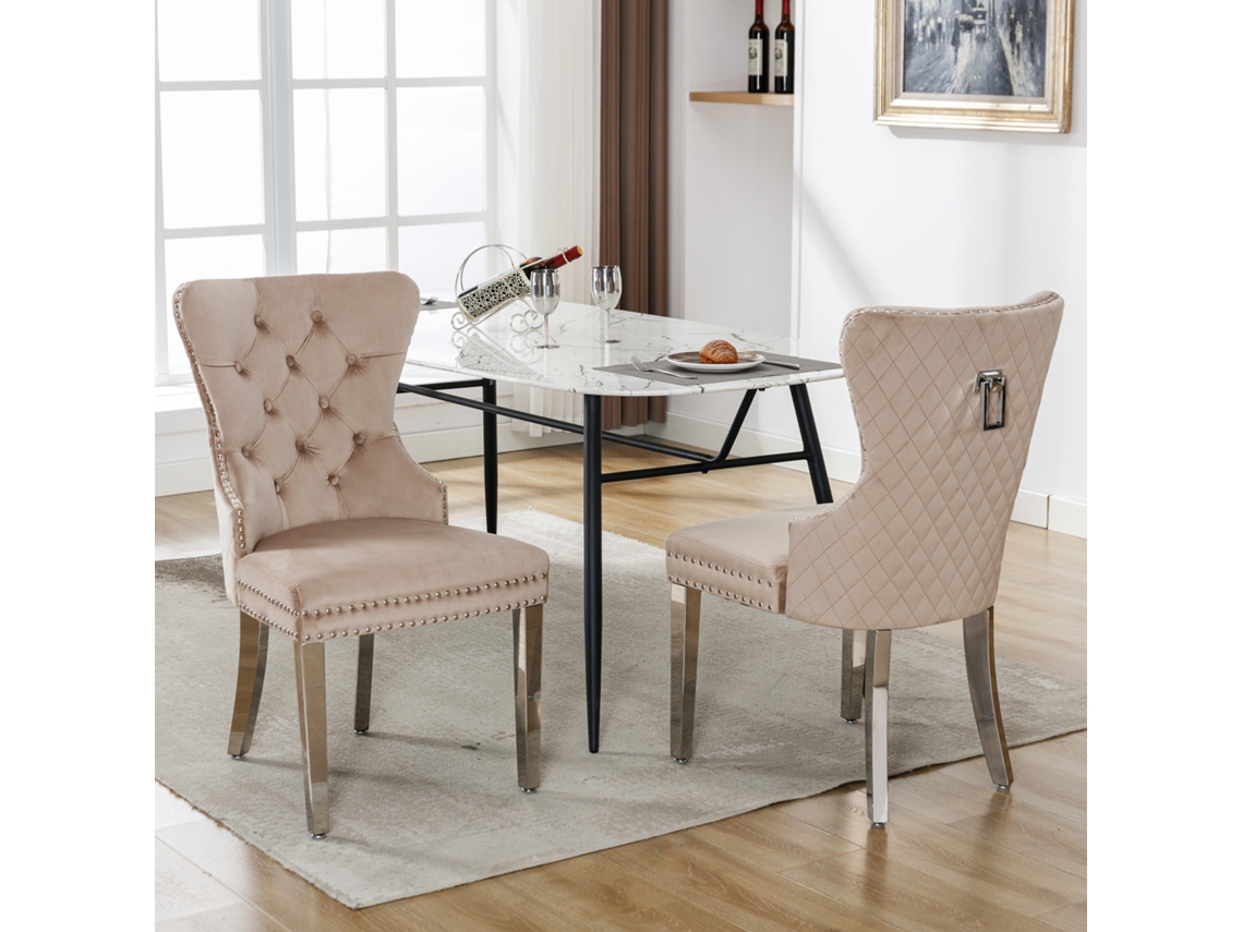 Cadeira De Jantar (2 Un), Com Design Único De Aldraba Nas Costas, Estofada Com Tachas, Pés De Metal, Revestimento Em Veludo, Bege.