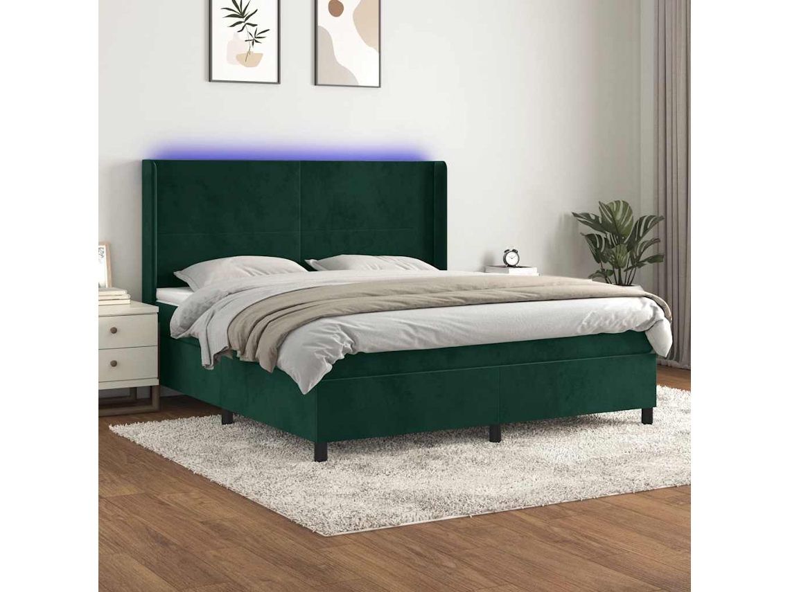 Vidaxl Cama Box Spring C/ Colchão/led 160x200 Cm Veludo Verde-escuro