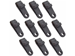 Presilhas Omni 10 pretas para toldo, ideais para camping, caravanas e jardim. Possuem trava de segurança exclusiva e são feitas de material ABS durável.