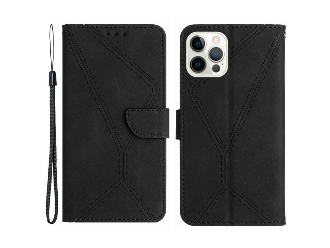 Capa Em Couro Pu Com Suporte Para Iphone 16 Pro Max - Preto