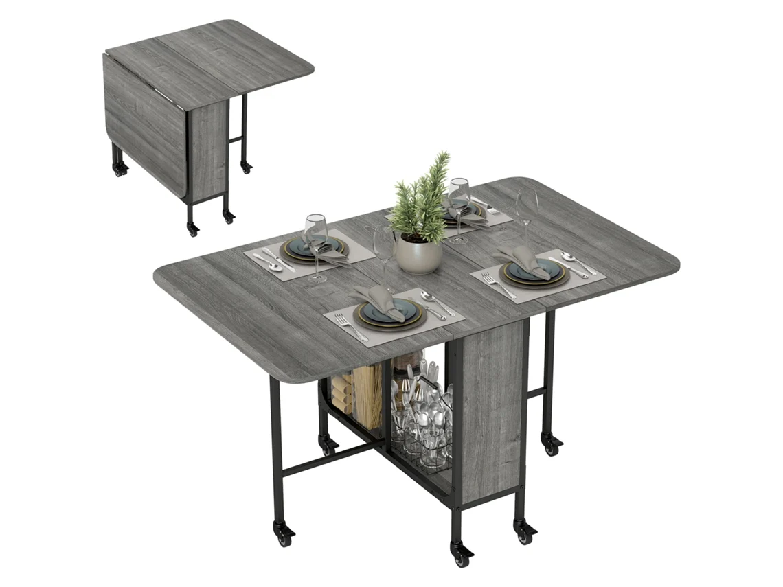 Mesa de Jantar Rebatível, com Capacidade Até 6 Pessoas, com Prateleiras, 130x80x74 Cm, Cinzenta. BAGOLY SHOP