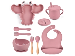 Kit de Alimentação para Bebé em Silicone Formato de Lagosta 8 Peças com Ventosas, Livre de Bpa Rosa Escuro PANOONA