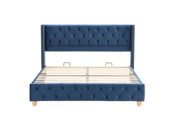 Cama Estofada 160x200 Cm Em Veludo Azul Com Acabamento Com Tachas