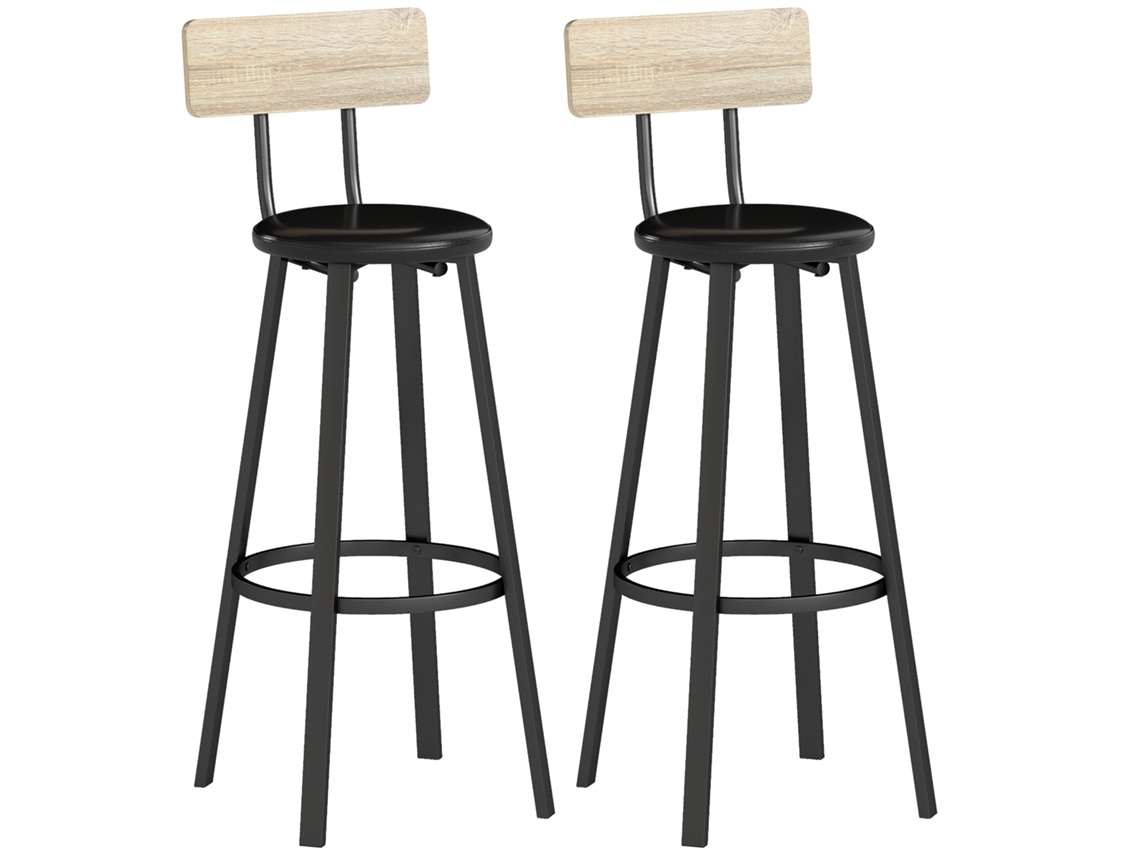 Conjunto De 2 Bancos De Bar Altos De Cozinha Com Encosto E Apoio Para Pés Estofados Em Pu Assento 41,5x36,5x99,5 Cm Madeira E Preto
