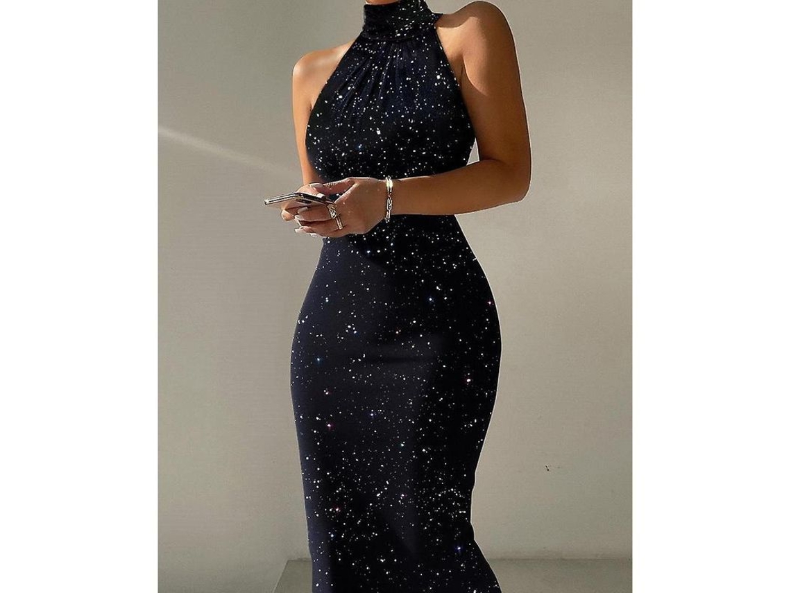 Vestido Rebe-Sexy sem mangas com glitter e gola alta para festas noturnas e casamentos, modelo feminino, verão 2022, tamanho G, preto.