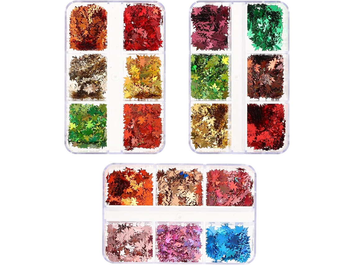 3 caixas de glitter em formato de folha para nail art de outono, decoração fácil.