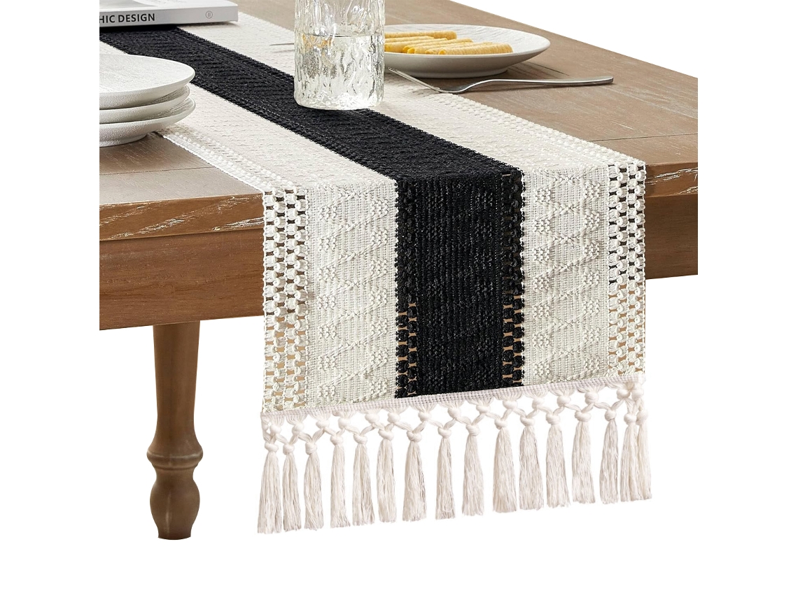 Caminho de Mesa com Franjas Decoração Rústica de 72 Polegadas em Creme e Marrom para Sala de Estar MEOIRUERY