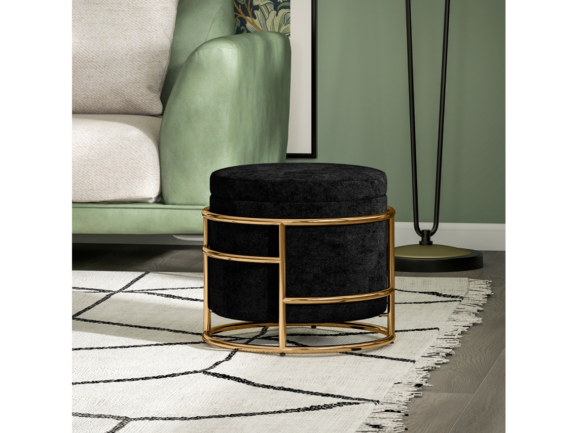 Stool With Storage, Padded Footstool. Metal Frame, Gold Plated, Black