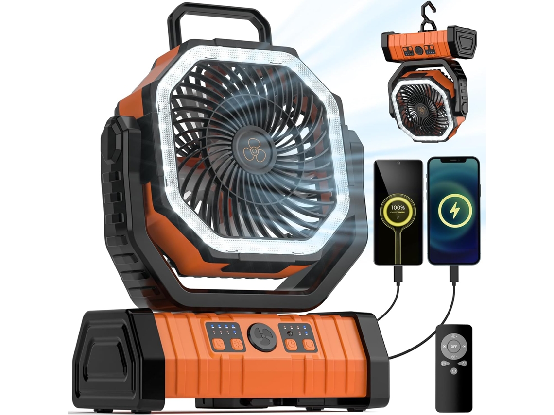 Ventilador De Acampamento Com Bateria Recarregável E Lanterna Led, 4 Velocidades De Vento, Controle Remoto Zeuxo