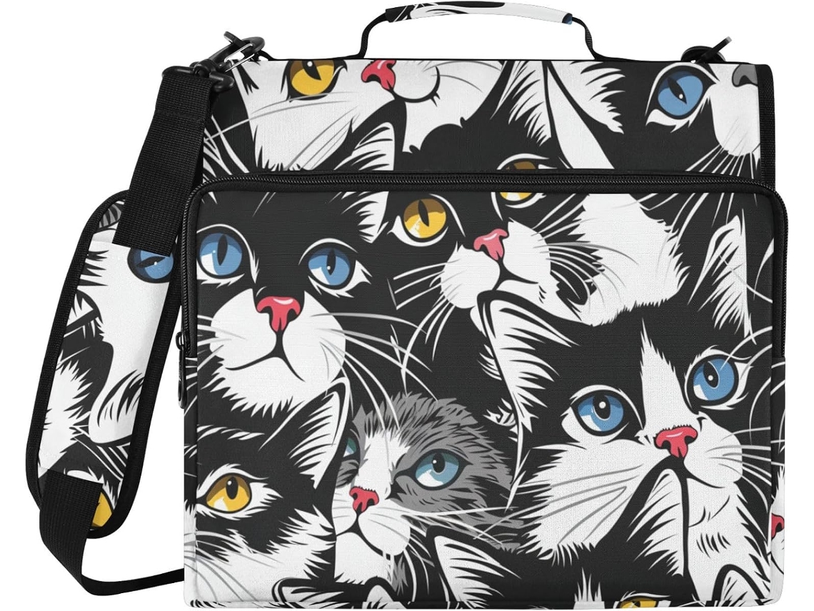Pasta de 3 Argolas com Estampa Gatos em Quadrinhos, Zíper, Alça Ombro e Vários Bolsos, Ideal para Escritório,