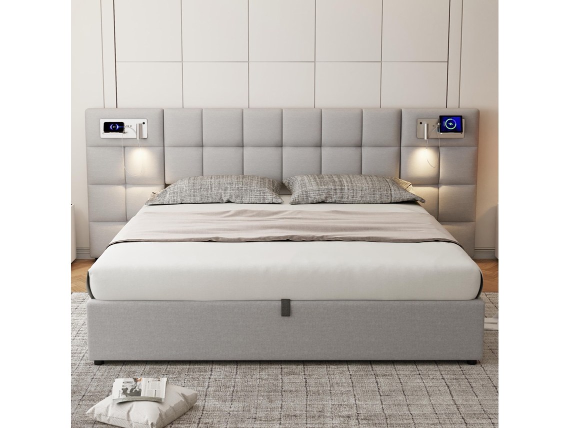 Cama de Casal 180x200cm, hidráulica com baú, cabeceira estofada, USB, carregador sem fio, lâmpada embutida, linho cinza, KOMHTOM
