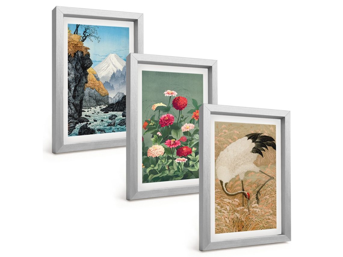 Composição De Quadrospaisagem De Montanha, Rio, Flores E Garças Moldura Prateada Imagens Para Um Quarto Infantil Espelharte (3 Peças 20x30 Cm)