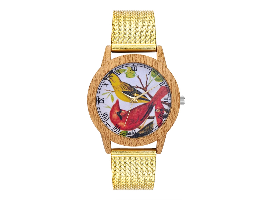 Relógio de casal unissex Zhoulianfa, pulseira de aço, mostrador dourado com pássaro, movimento de quartzo.