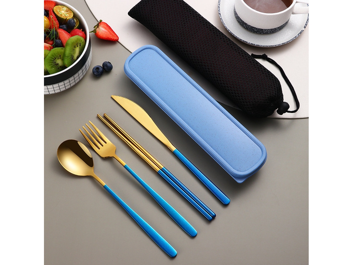 Conjunto de Talheres Portátil em Aço Inoxidável 304 , Incluindo Faca, Garfo, Colher e Estojo para Armazenamento. MDUG (azul e Dourado)