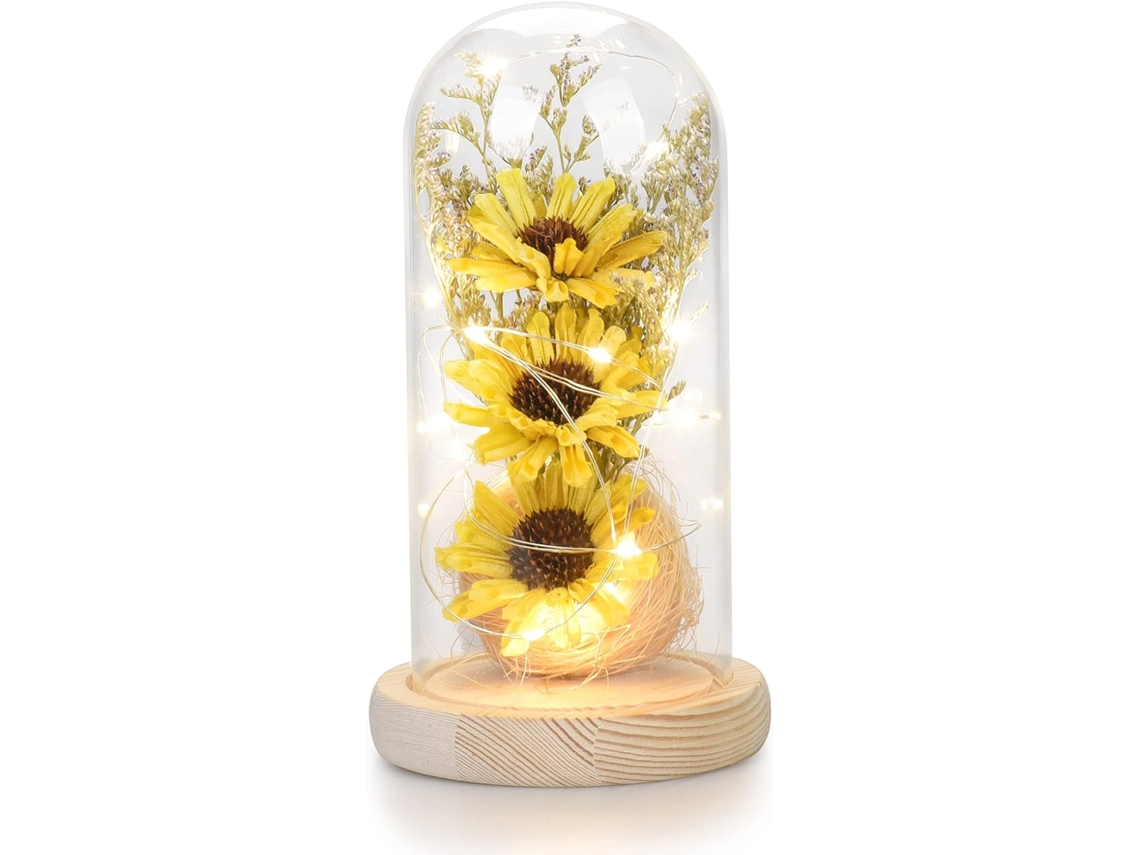Presente de Girassol para Mãe e Avó, Girassol Artificial em Cúpula de Vidro com Luz Led para Mulheres em Aniversários. AQUAFORGE
