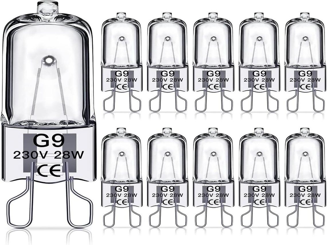 Kit com 10 lâmpadas halógenas Lurelia G9 28W 230V, dimerizáveis, sem fita isolante, para uso interno.