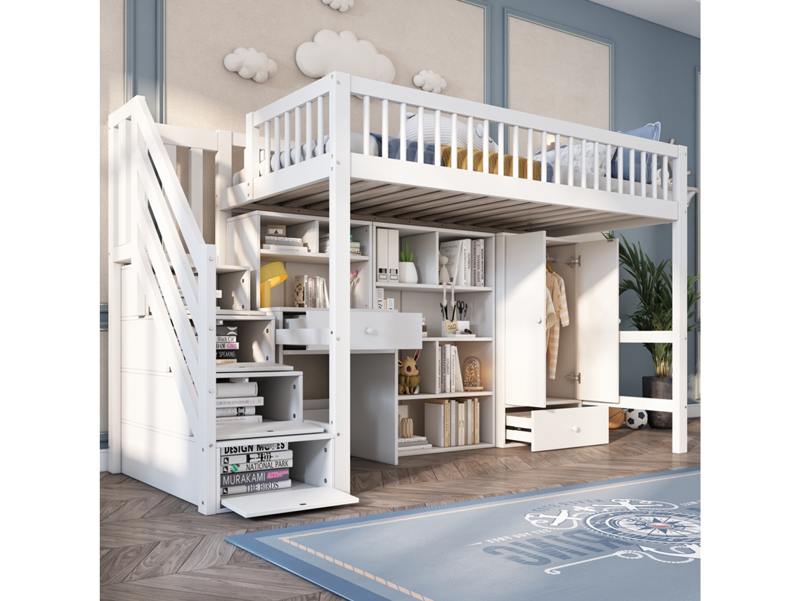 Cama Infantil 90x200 Cm Escrivaninha Escada Guarda Roupa Mdf Branco