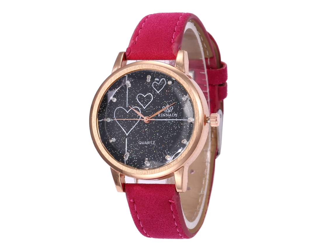 Relógio de Pulso Feminino Masculino de Quartzo com Pulseira de Couro Rosa Vermelho