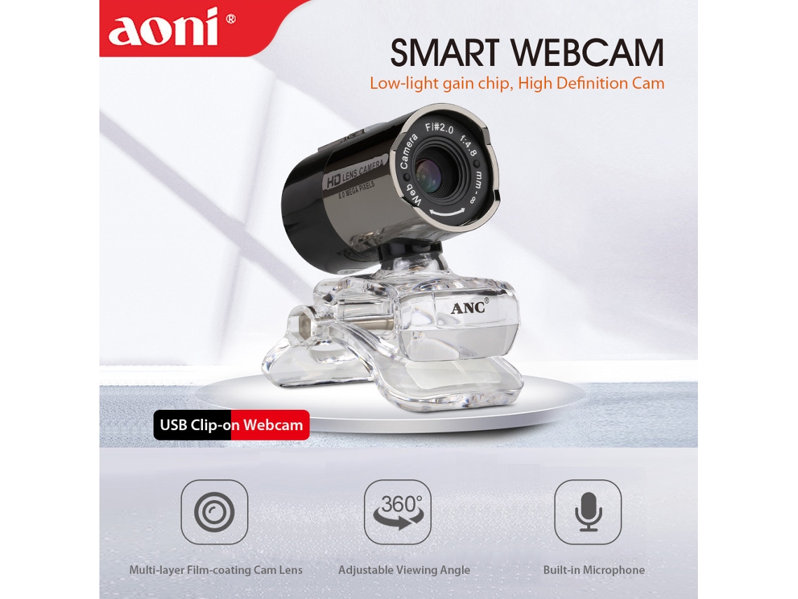 Câmera web Aoni HD com visão noturna, microfone com clip, plug and play para videoconferências e estudos | S/MARCA