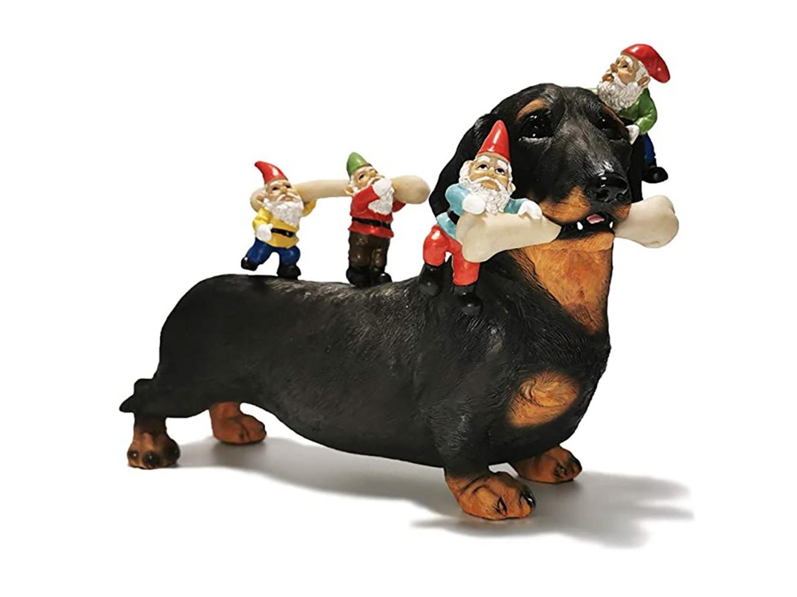 Estátua de Cachorro comendo Anões Escultura Resina Jardim Pátio S/MARCA